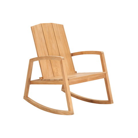An elegant teak rocking chair with a sleek slatted design, blending traditional craftsmanship with a modern silhouette, perfect for relaxing indoors or outdoors.