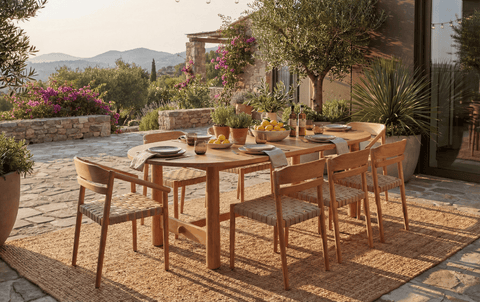 Solid teak outdoor dining furniture showing the close grain of South American teak