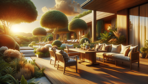teak outdoor furniture on a sunlit patio with cushions and surrounding greenery