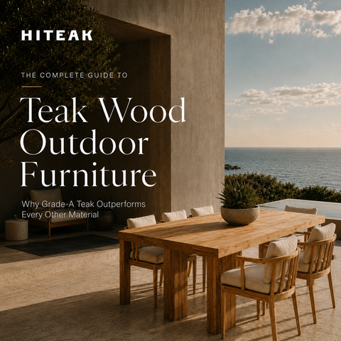 Modern teak outdoor furniture in coastal setting