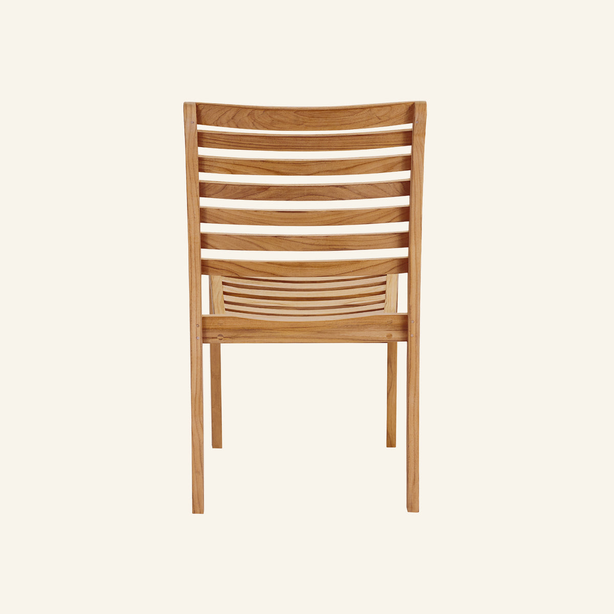 Birmingham stacking side chair rear view, showing solid teak frame construction