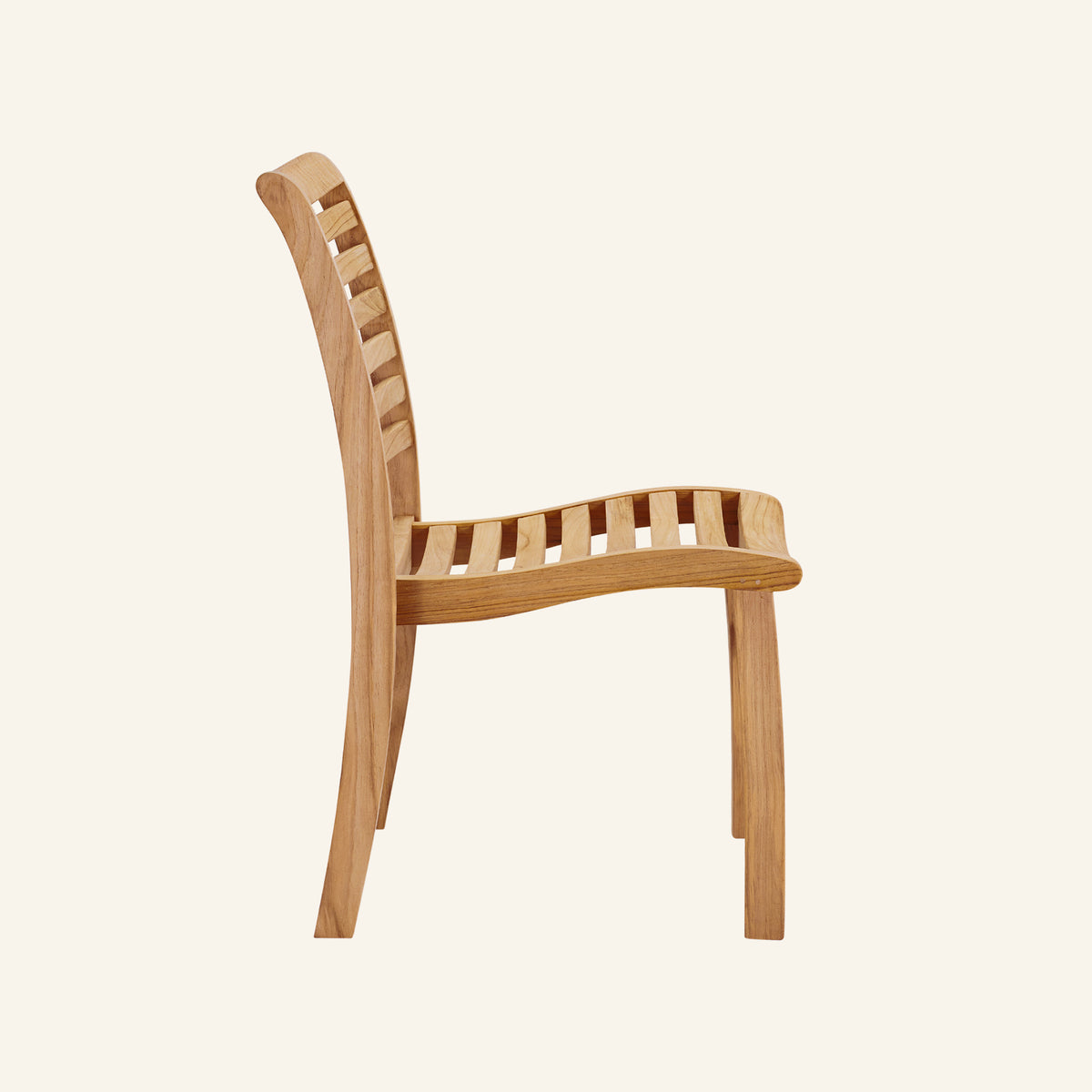 Birmingham stacking side chair side profile, solid teak outdoor dining chair