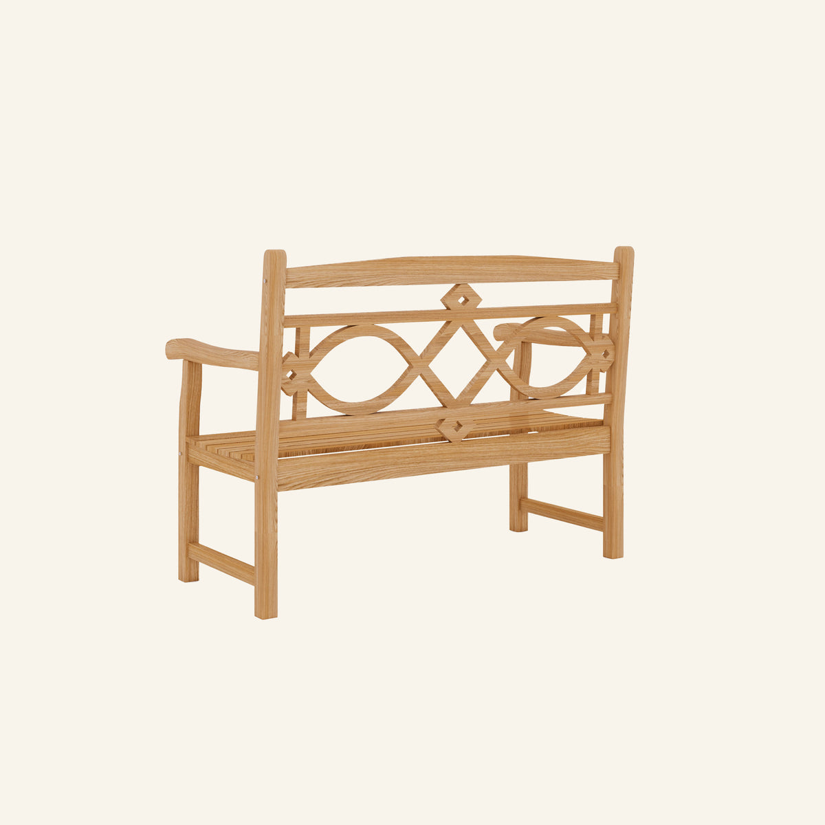 Chelsea bench shown from the rear, solid teak construction