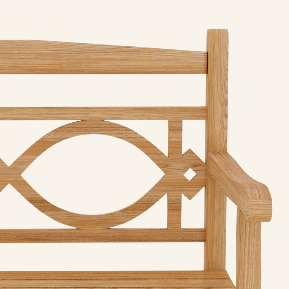 Chelsea bench detail, teak grain and mortise-and-tenon joinery