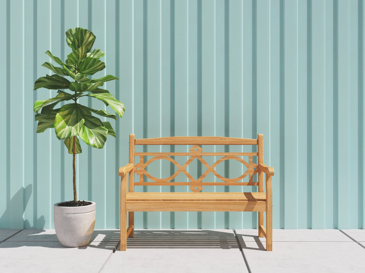 Chelsea bench beside a garden path, solid Grade-A teak outdoor bench