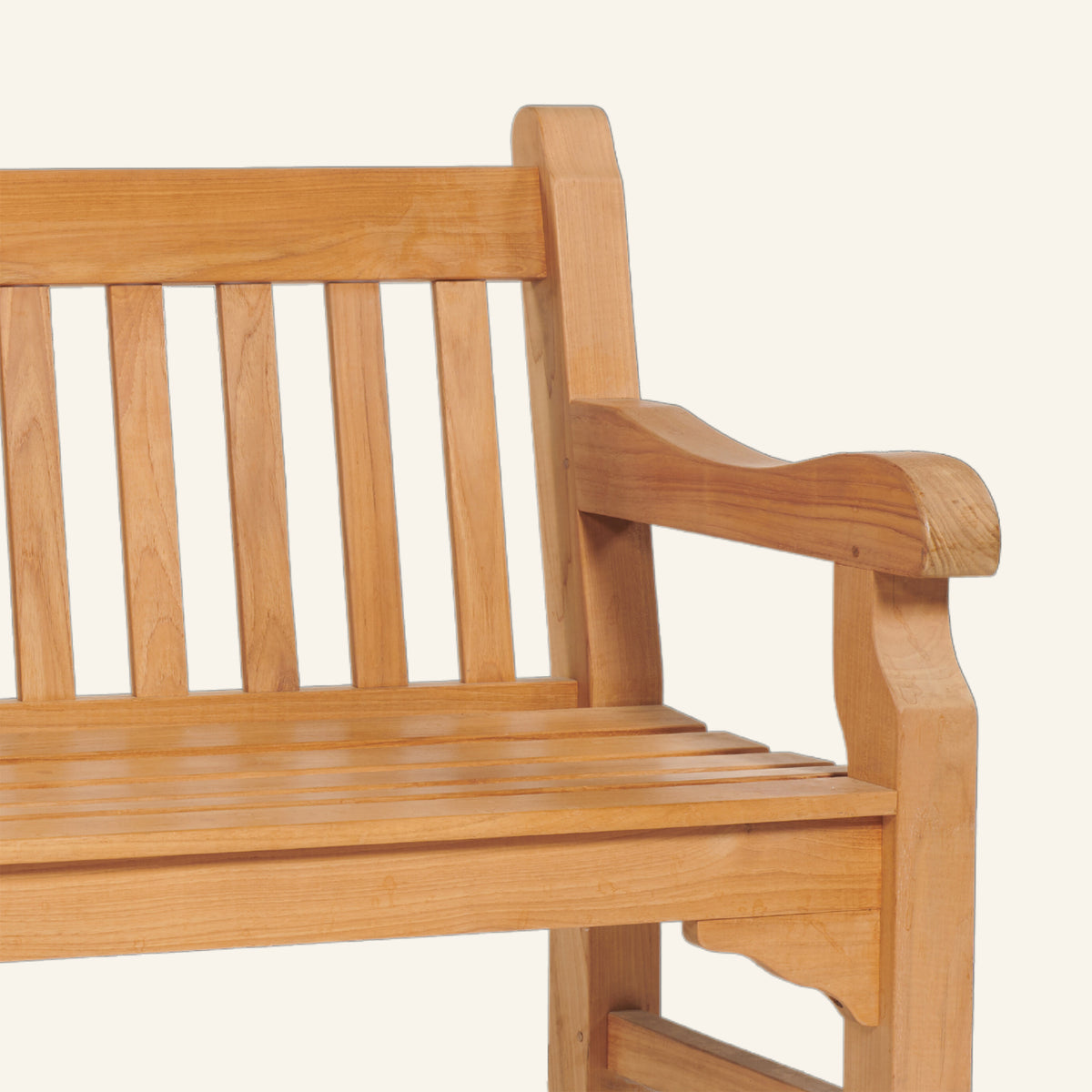 Colton bench detail, teak grain and mortise-and-tenon joinery