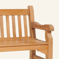 Colton bench detail, teak grain and mortise-and-tenon joinery