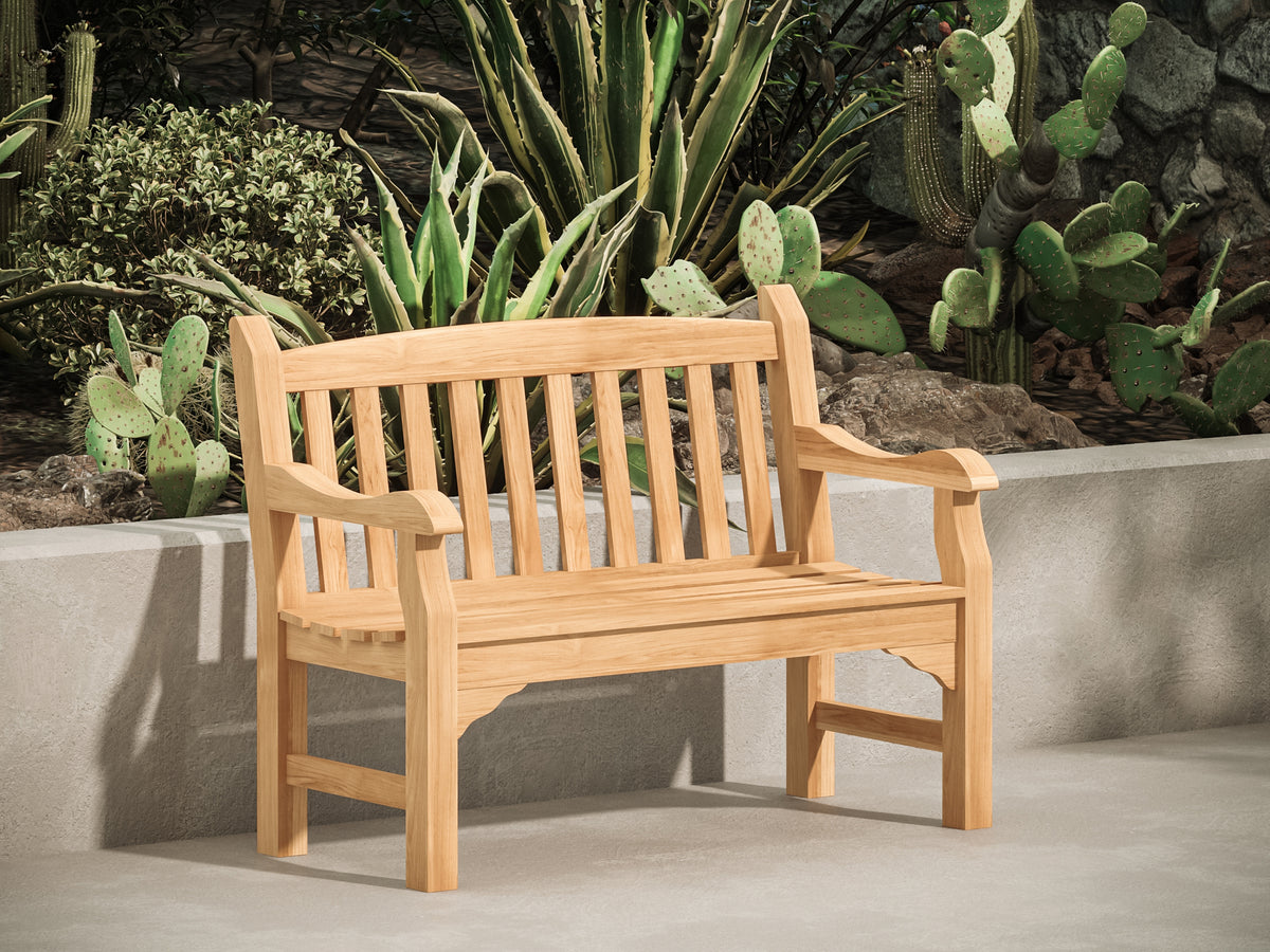 Colton bench in a garden setting, solid Grade-A teak outdoor bench