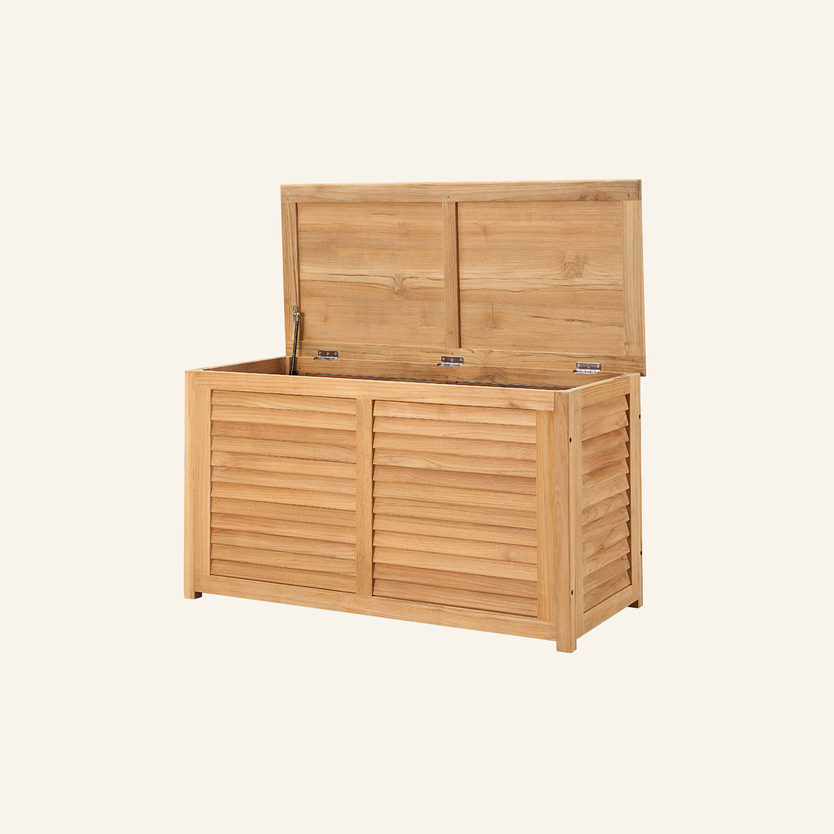 Teak cushion box detail, teak grain and mortise-and-tenon joinery