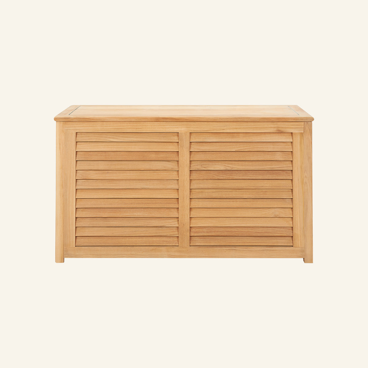 Teak cushion box shown from the front, solid Grade-A teak outdoor storage