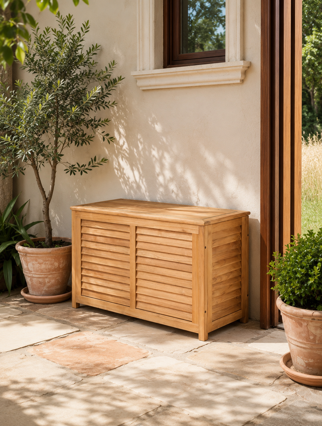 Teak cushion box in an outdoor patio setting