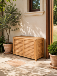 Teak cushion box in an outdoor patio setting