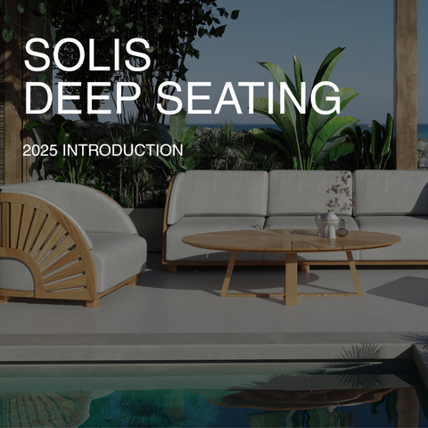 Outdoor furniture set with 'SOLIS DEEP SEATING' and '2025 INTRODUCTION' text.