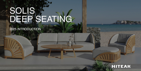 Outdoor furniture set with 'SOLIS DEEP SEATING' and '2025 Introduction' text, HITEAK brand visible, beach background.