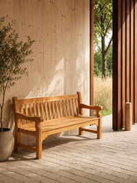 Exbury bench on a patio, solid Grade-A teak outdoor bench
