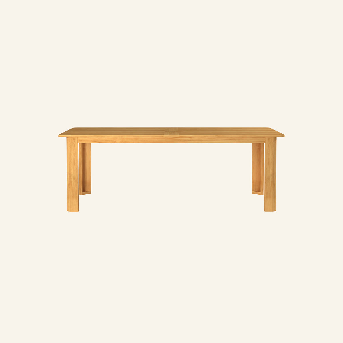 Forma dining table from the front, solid Grade-A teak tabletop and base