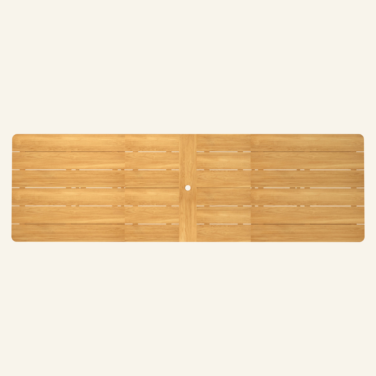 FORMA DINING TABLE shown from above, featuring a natural teak wood surface with evenly spaced slats and a centered hole for umbrella insertion.