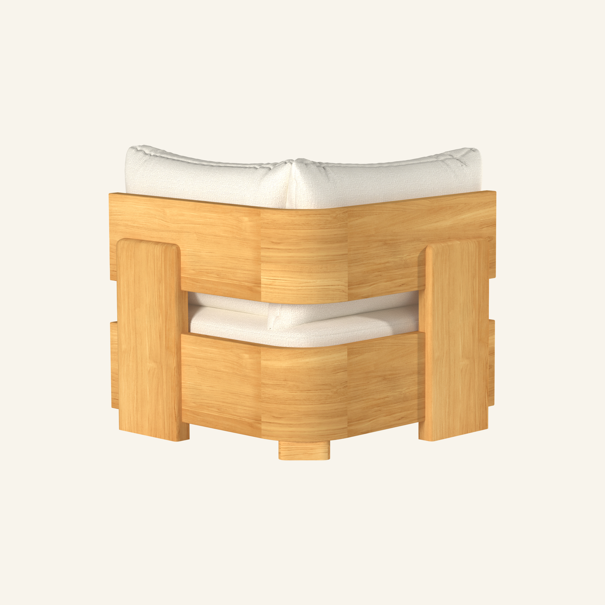 Forma sectional corner club chair in Canvas, rear view of the teak frame