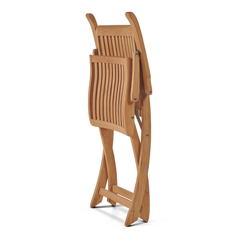 Teak armchair folded for compact storage, showcasing its easy-to-use collapsible design for practical functionality.