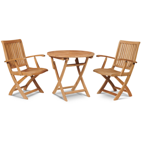 A charming bistro set featuring a round teak table and two matching slatted armchairs, ideal for intimate outdoor dining or relaxation.