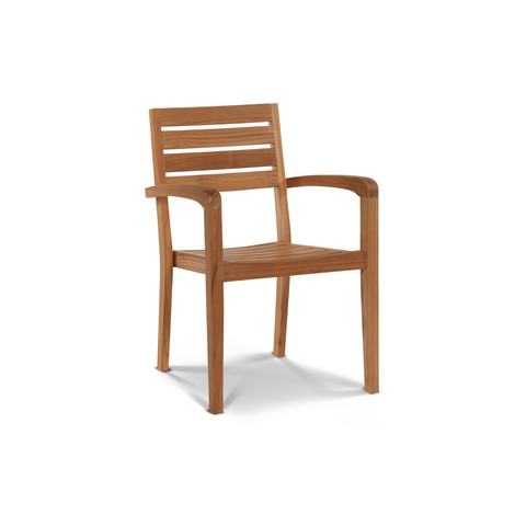 A timeless teak armchair with horizontal slats on the backrest and seat, featuring smooth armrests and a sturdy, elegant design.