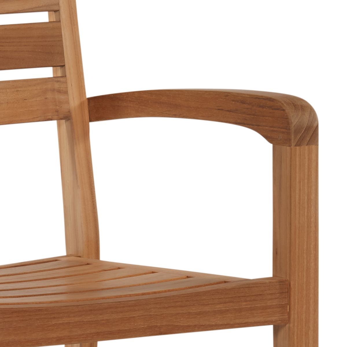 Close-up of the armrest and slatted backrest, emphasizing the chair's smooth finish and natural teak grain.