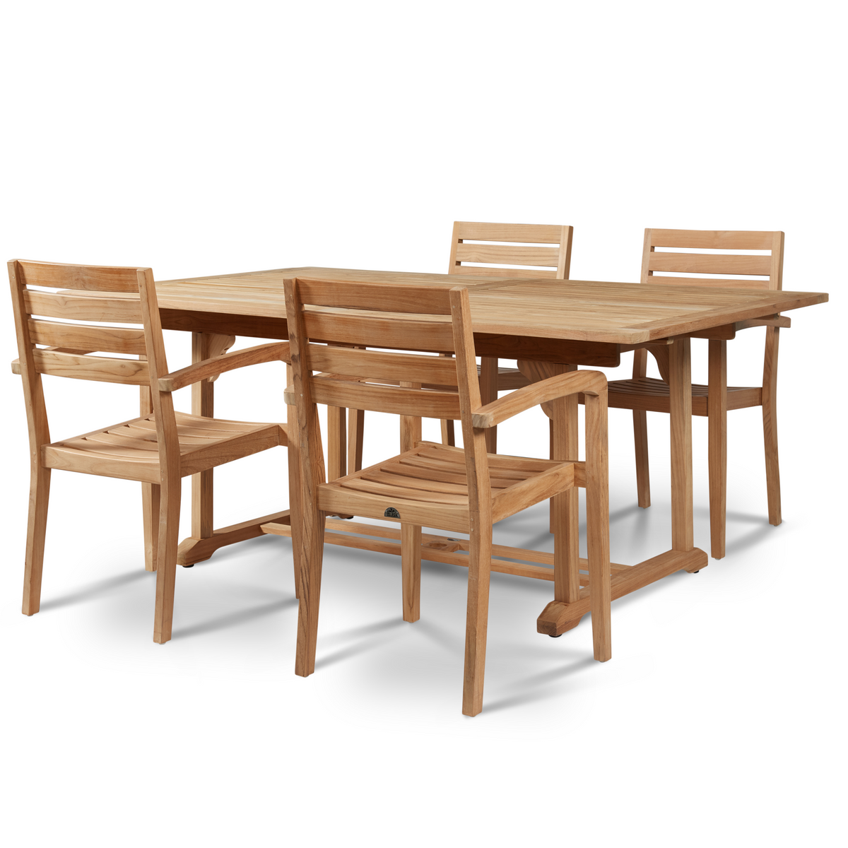 A classic dining arrangement featuring a rectangular teak table paired with matching slatted teak armchairs, ideal for sophisticated indoor or outdoor dining.