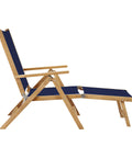 Wooden deck chair with blue fabric on a white background