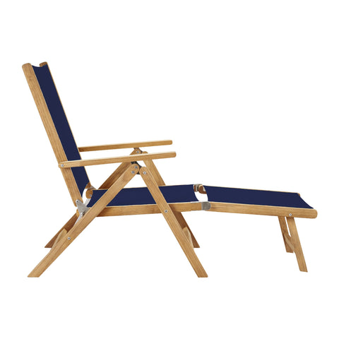 Wooden deck chair with blue fabric on a white background