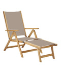 Wooden deck chair with taupe fabric on a white background
