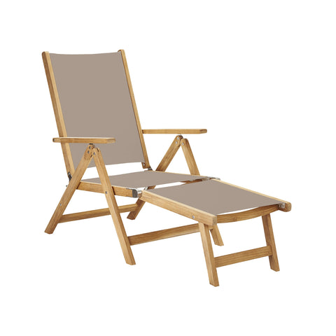 Wooden deck chair with taupe fabric on a white background