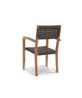 A contemporary teak chair with a woven black webbing seat and backrest, combining modern aesthetics with durable craftsmanship.