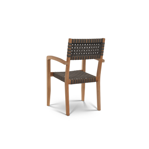 A contemporary teak chair with a woven black webbing seat and backrest, combining modern aesthetics with durable craftsmanship.