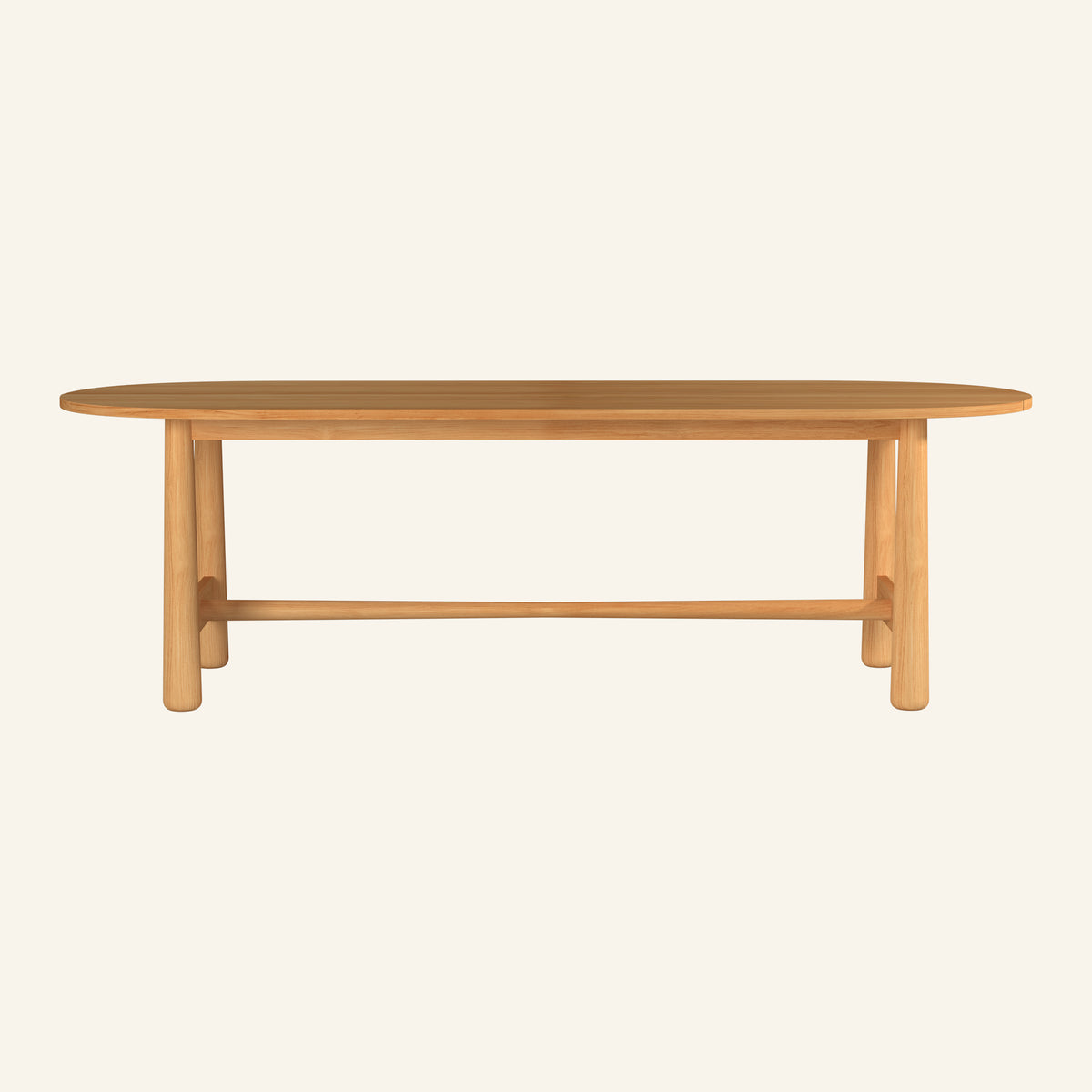 Isla oval dining table from the front, solid Grade-A teak tabletop and base