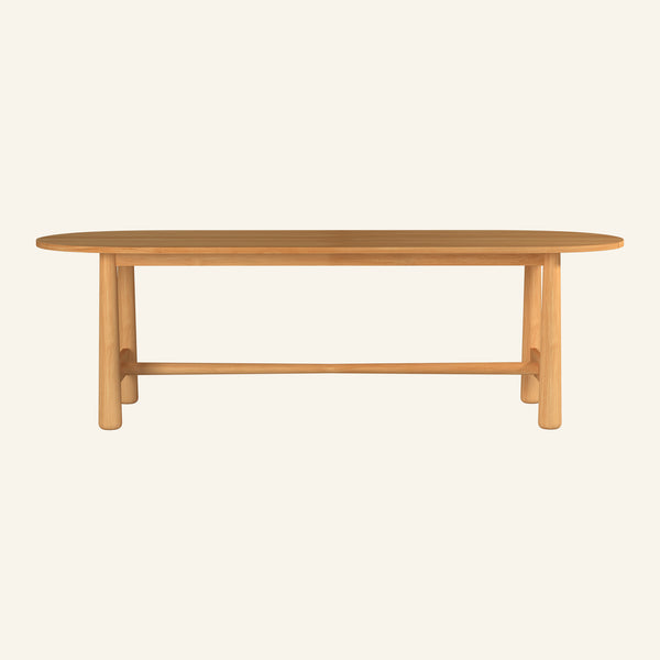 Isla oval dining table from the front, solid Grade-A teak tabletop and base
