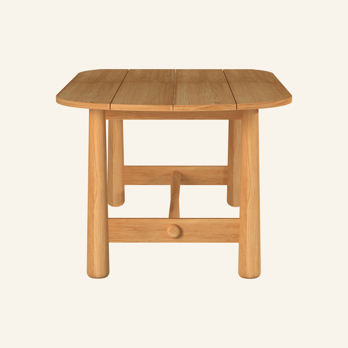Isla oval dining table from the side, solid teak tabletop and base