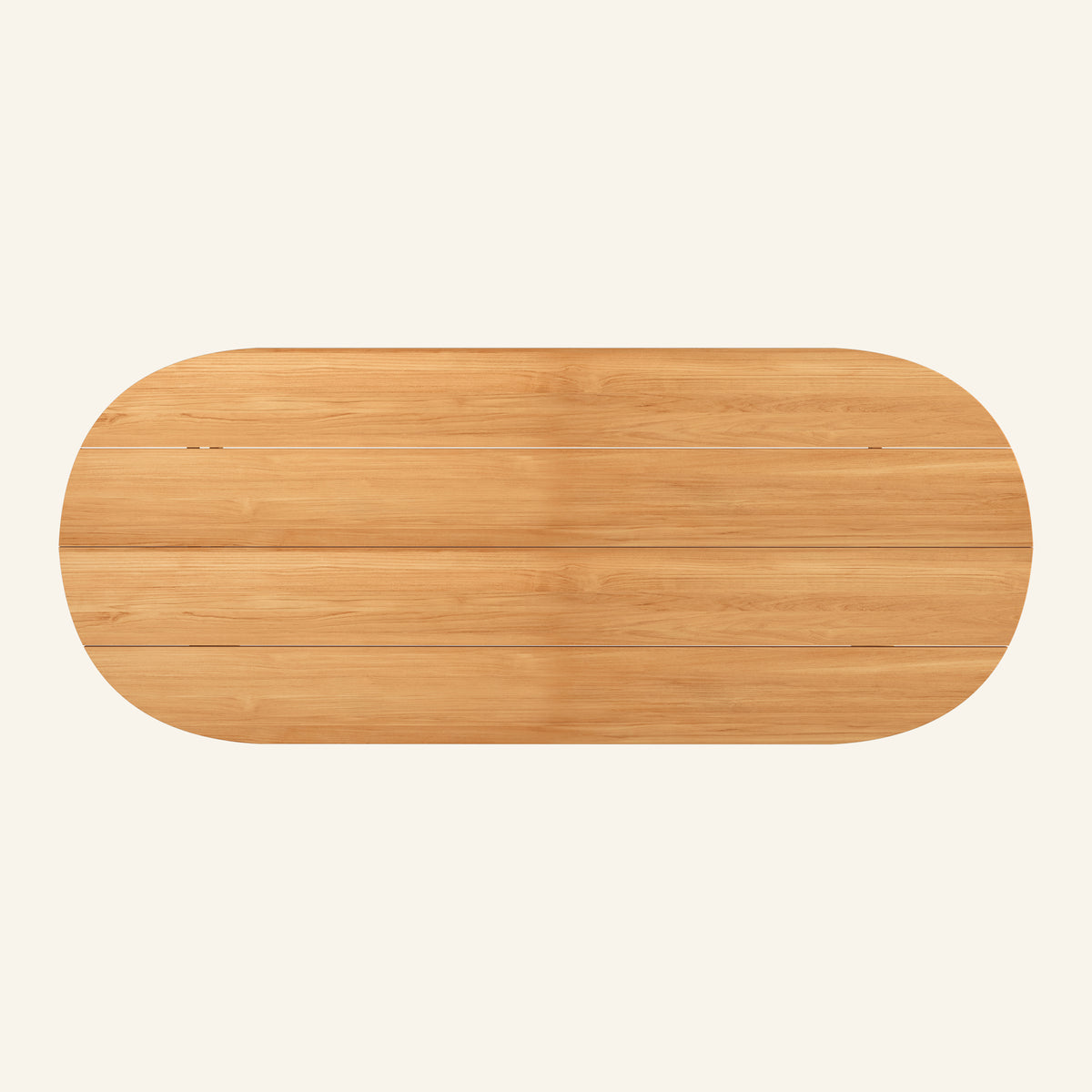 Isla oval dining table from above, slatted solid teak tabletop