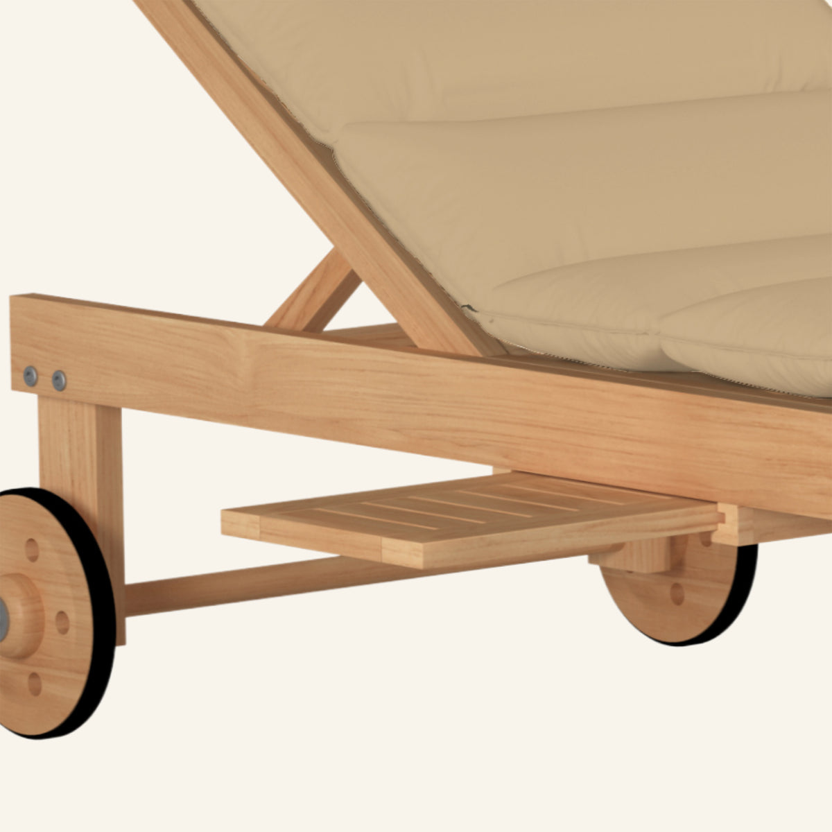 Lance sunlounger in camel, detail of teak grain and joinery
