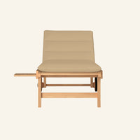 Lance sunlounger in camel, shown from the front in solid teak