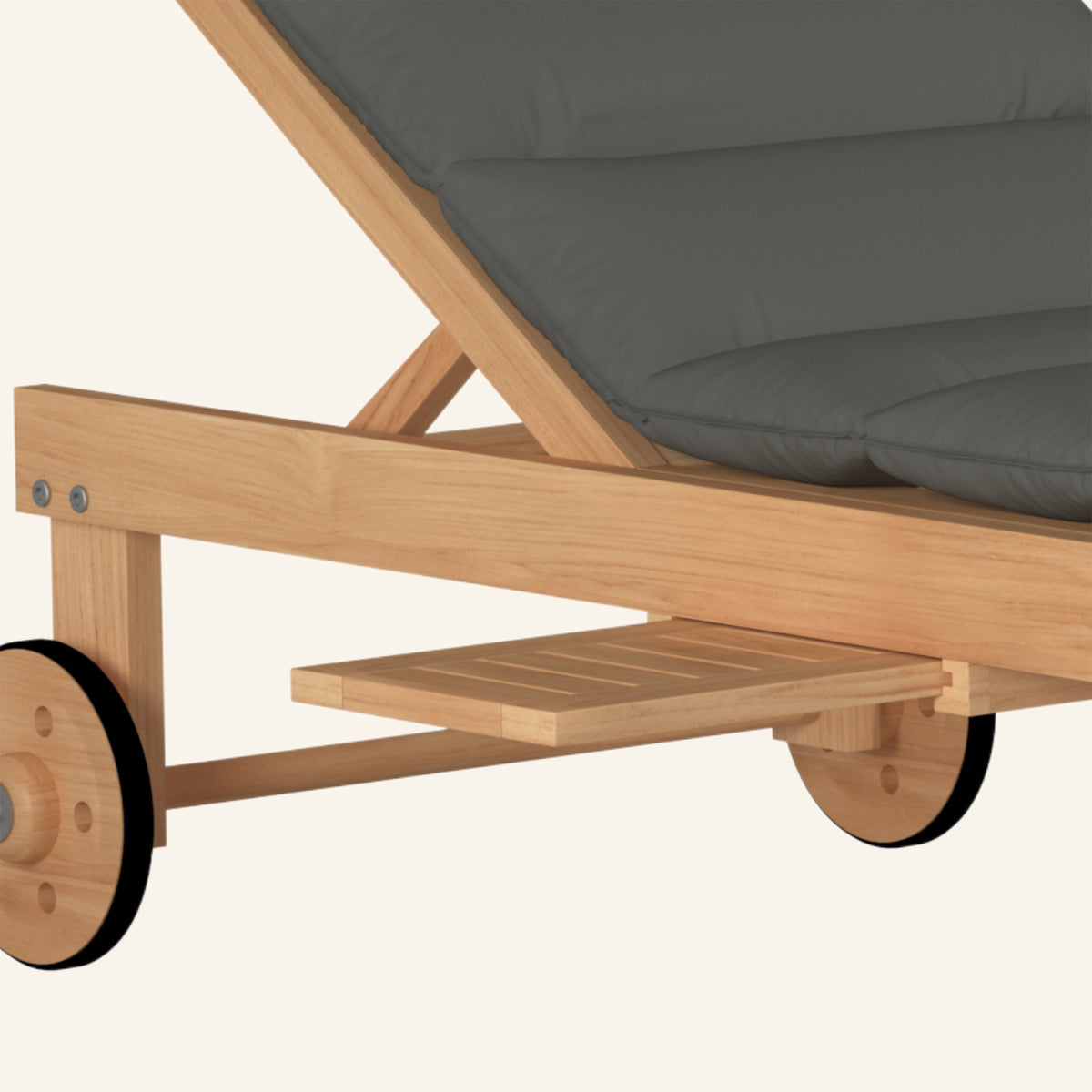 Lance sunlounger in charcoal, detail of teak grain and joinery