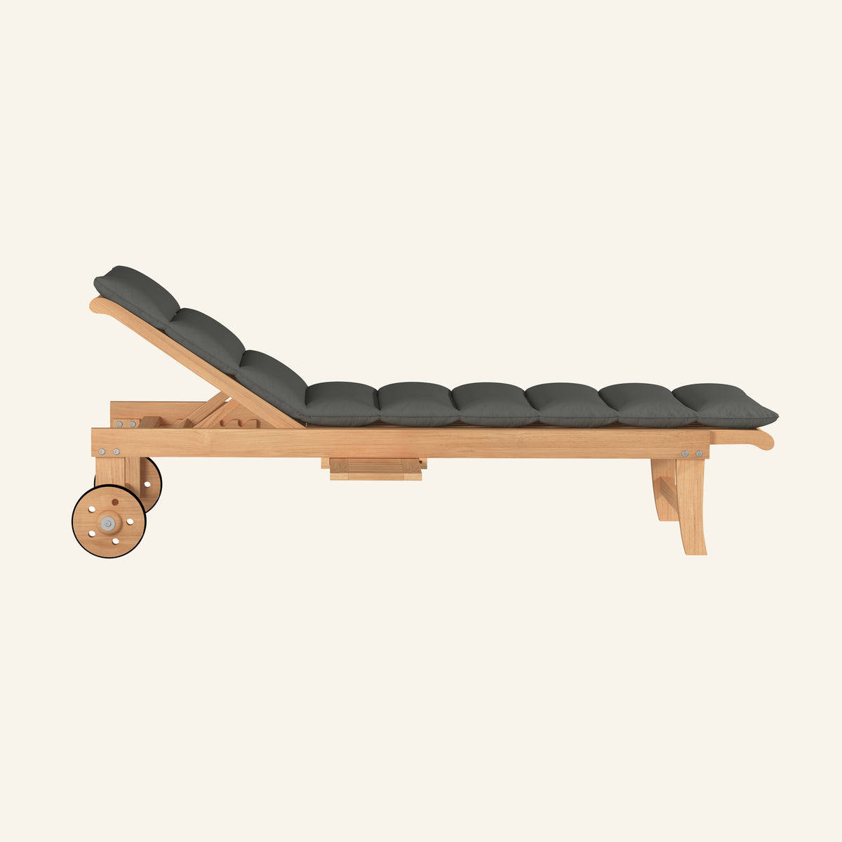 Lance sunlounger in charcoal, side profile in solid teak