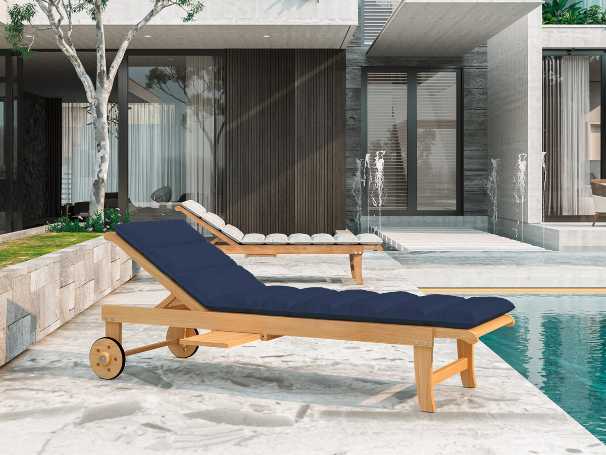 Lance sunlounger in navy on a sun deck, solid teak chaise lounge
