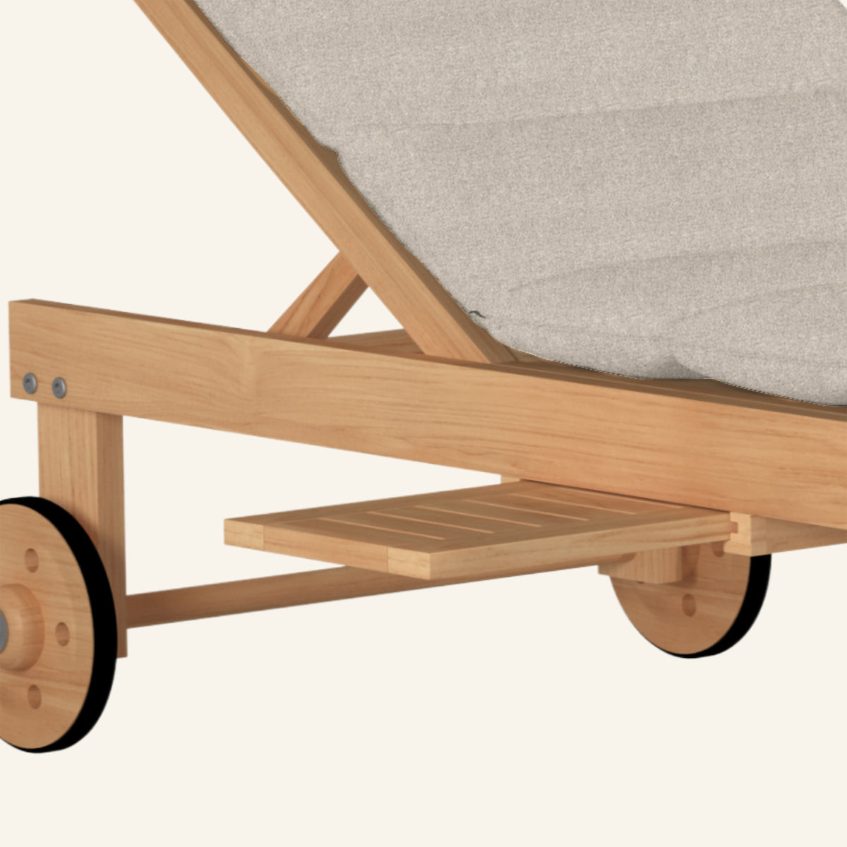Lance sunlounger in silver, detail of teak grain and joinery