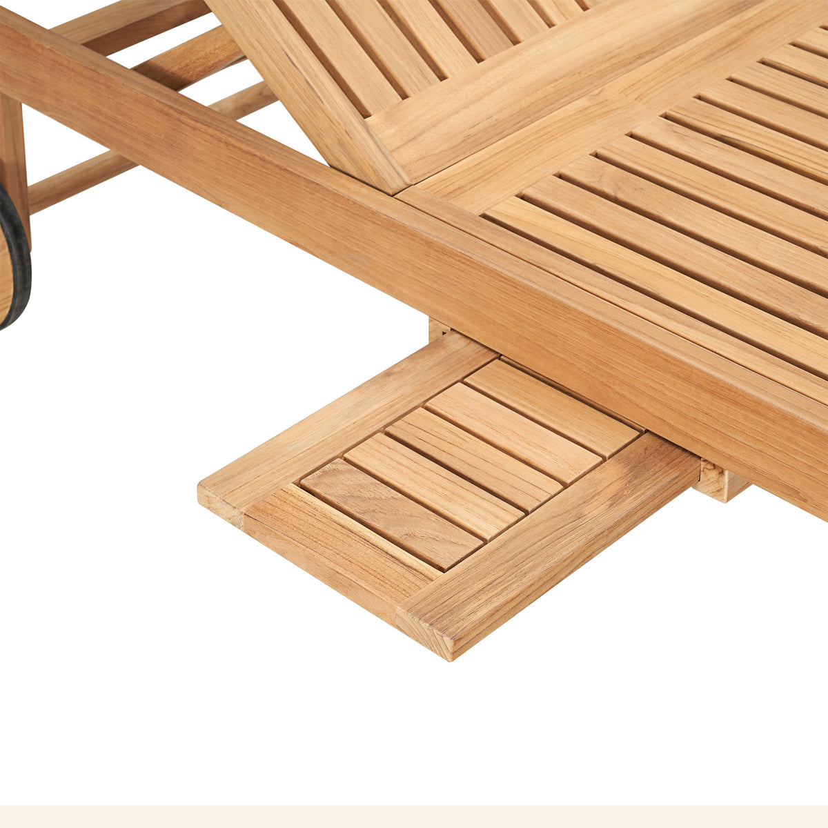 Lance sunlounger detail, teak grain and mortise-and-tenon joinery