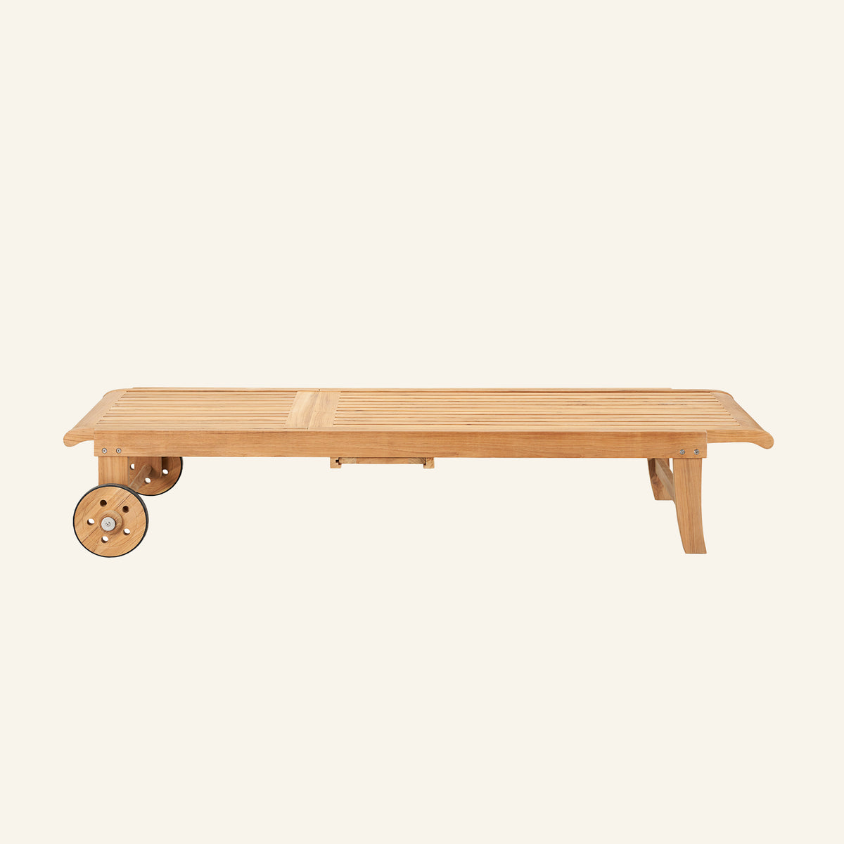 Lance sunlounger shown fully extended, solid teak construction