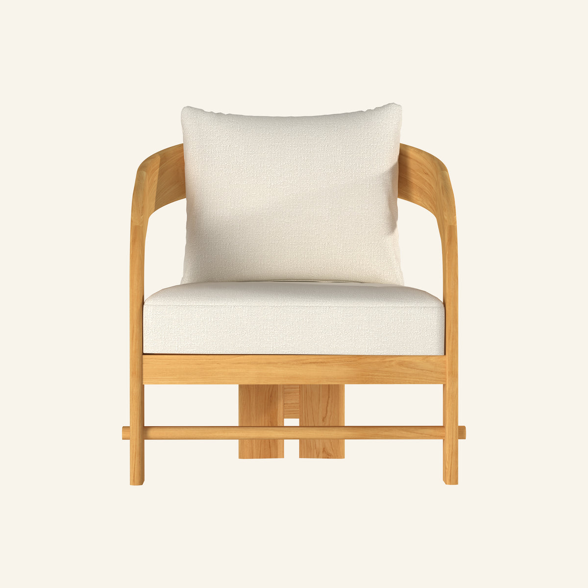 Mira lounge chair, front view of the solid teak frame
