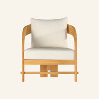 Mira lounge chair, front view of the solid teak frame