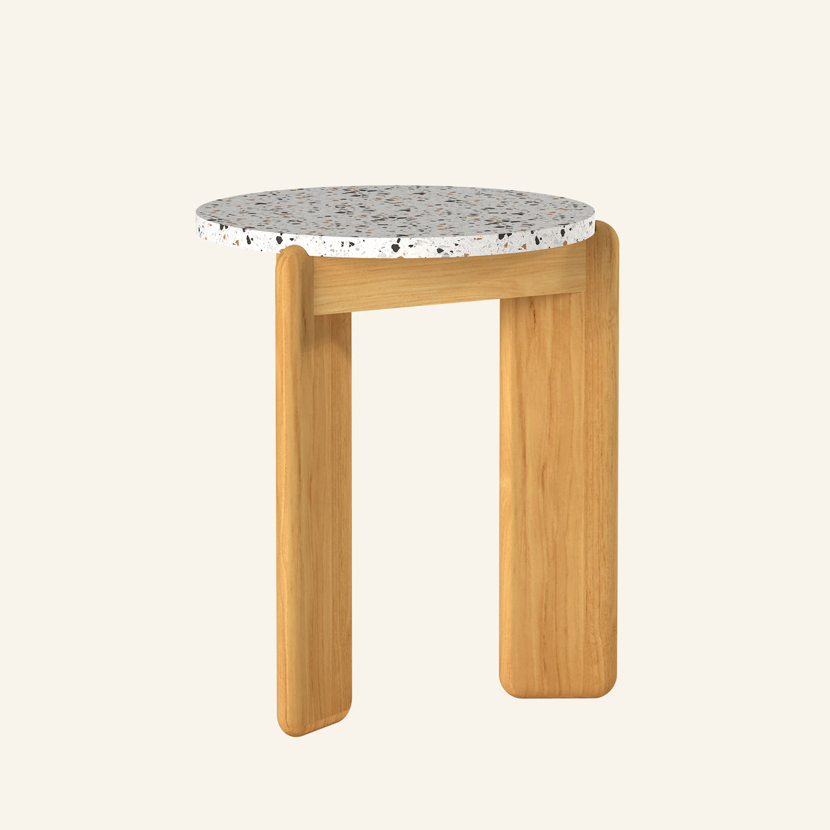 Mori side table from the side, solid teak tabletop and base