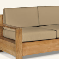 Qube Sofa in Camel, teak joinery detail by HiTeak
