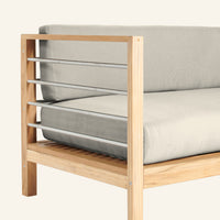 SoHo sectional left sofa detail, teak grain and mortise-and-tenon joinery